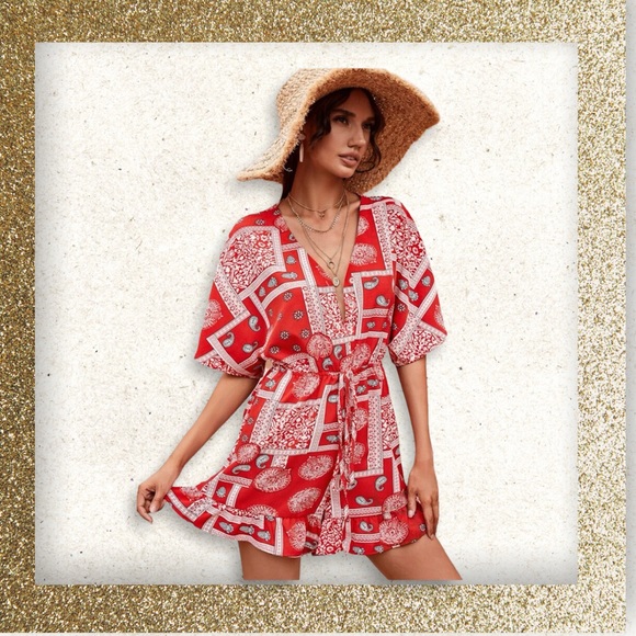 New Boho Red & White Scarf Print Batwing Sleeve Knot Front Ruffle Hem Romper - Picture 10 of 12